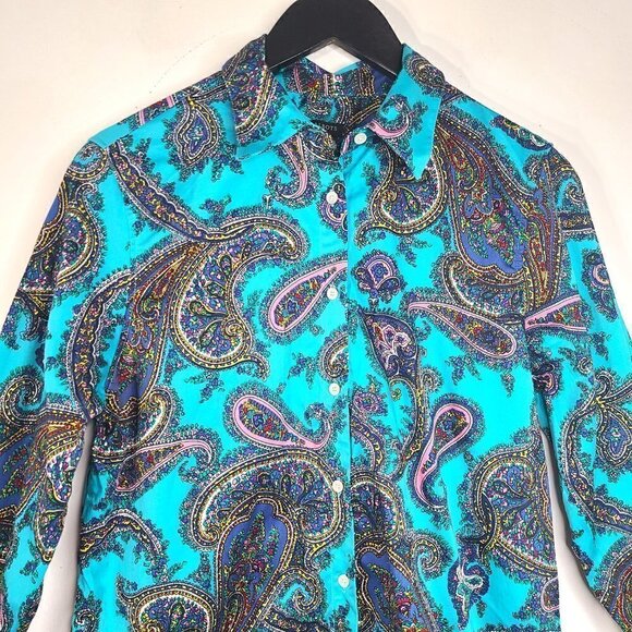 Talbots Turquoise Black Paisley Button up Long Sleeve Blouse - Picture 2 of 7